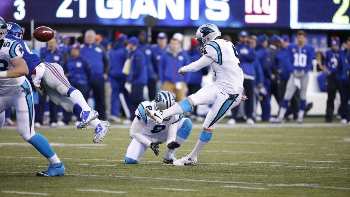 Carolina Panthers kicker Graham Gano (9) follows through on a field goal attempt that was blocked during the second half of an NFL football game against the New York Giants Sunday, Dec. 20, 2015, in East Rutherford, N.J.
