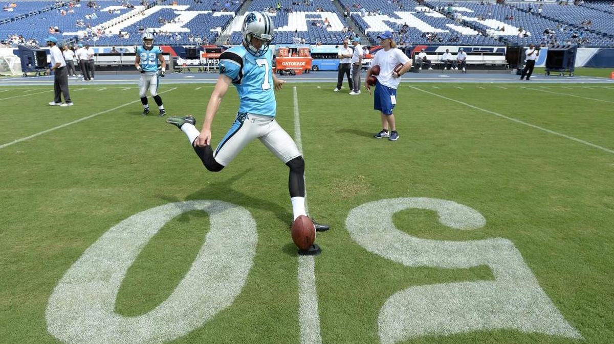 Carolina Panthers kicker Harrison Butker warms up before an NFL football preseason game against the Tennessee Titans Saturday, Aug. 19, 2017, in Nashville, Tenn. (AP Photo/Mark Zaleski)