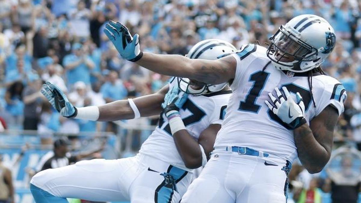This celebration of a touchdown by Carolina Panthers wide receiver Devin Funchess, left, included teammate Kelvin Benjamin, and both have been fined by the NFL.