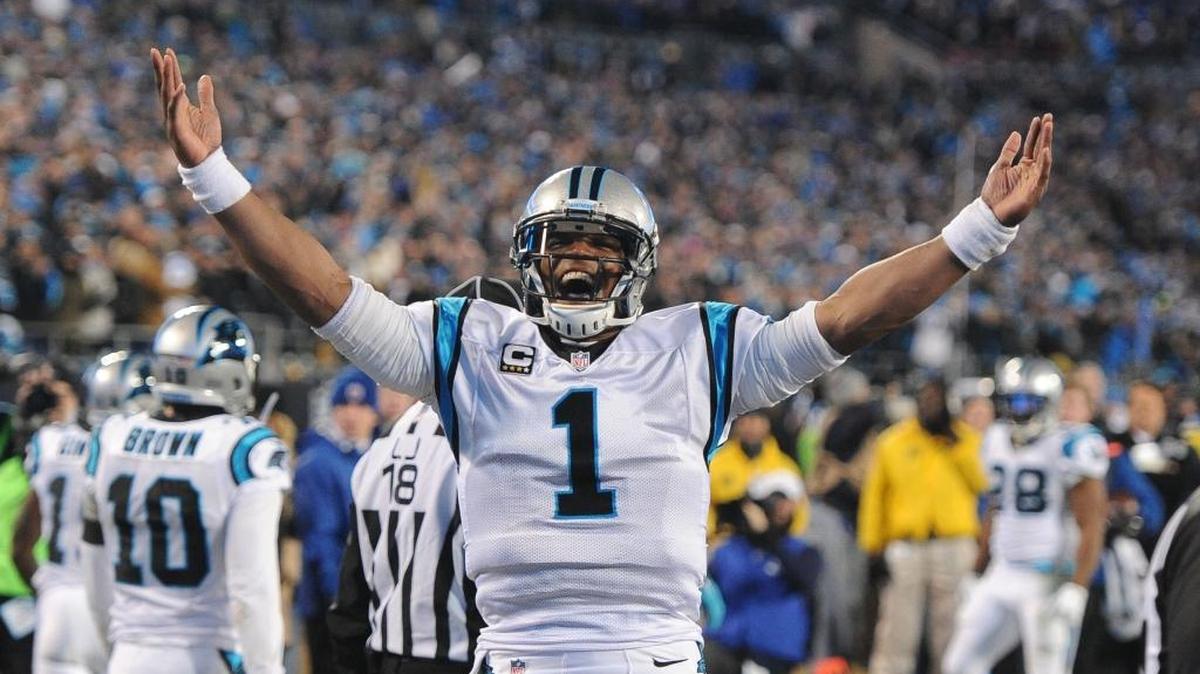 Cam Newton (1) celebrates Ted Ginn Jr.'s touchdown in the first quarter at Bank of America Stadium in Charlotte on January 24, 2016.