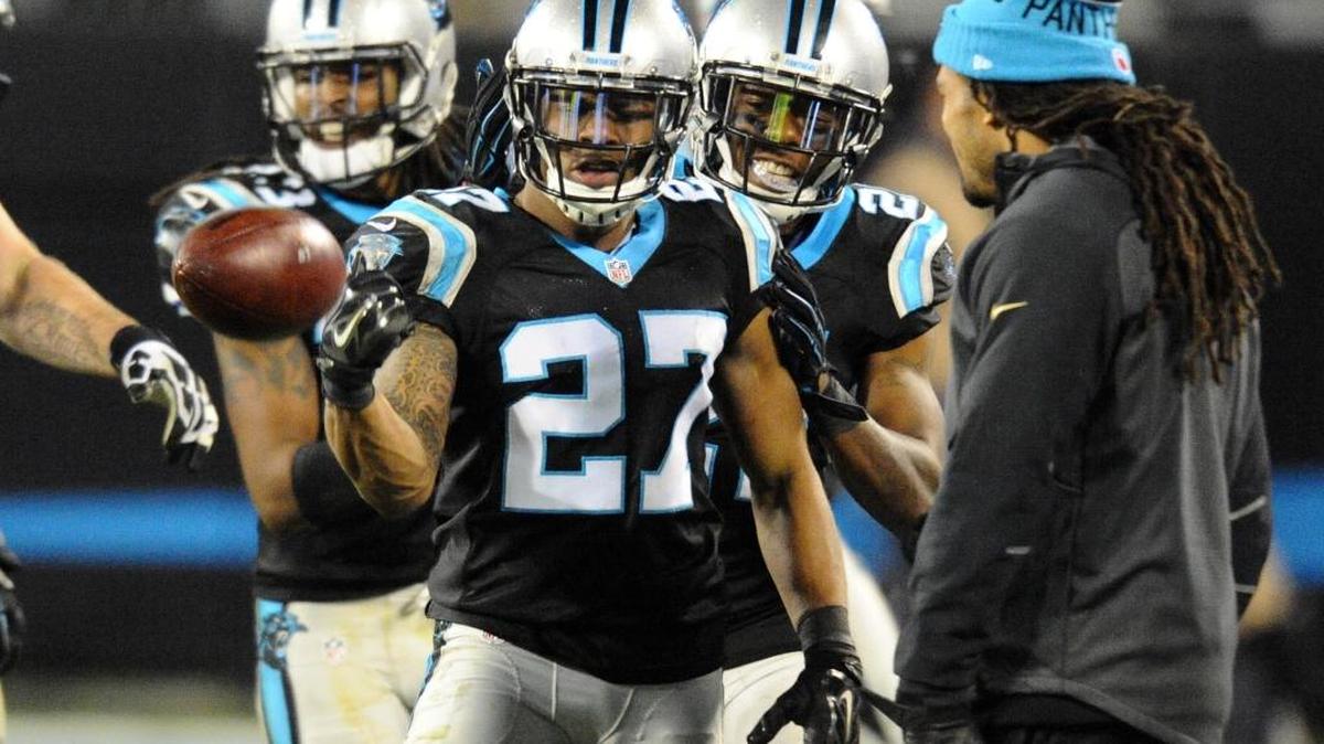 Carolina Panthers cornerback Robert McClain (27) is congratulated by Teddy Williams (21) after intercepting a Tampa Bay Buccaneers pass in the fourth quarter at Bank of America Stadium on Sunday.