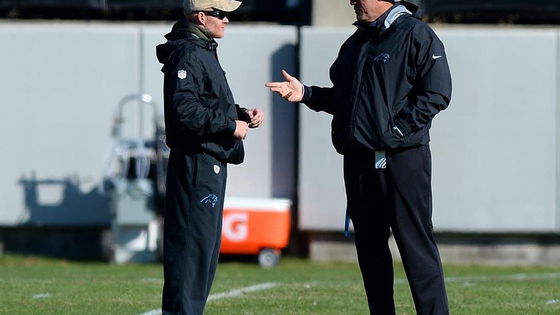 Carolina Panthers defensive coordinator Sean McDermott, left, and head coach Ron Rivera talk during practice on Thursday.