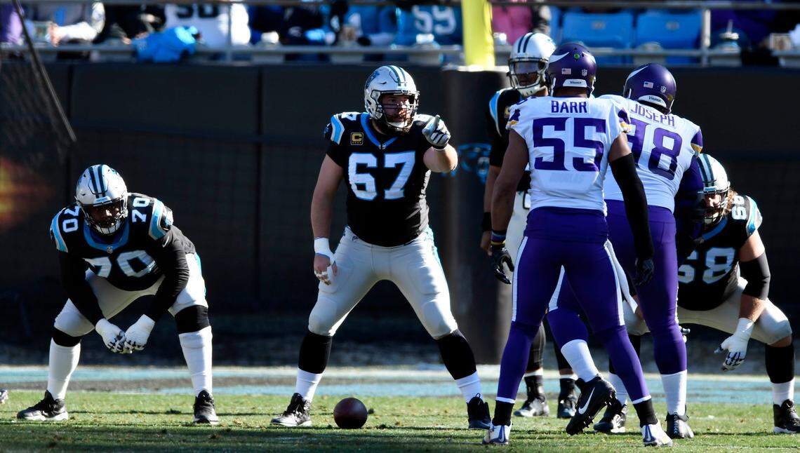 Carolina Panthers center Ryan Kalil (67) calls out the protection against the Minnesota Vikings at Bank of America Stadium on Sunday, December 10, 2017. The Panthers won 31-24.