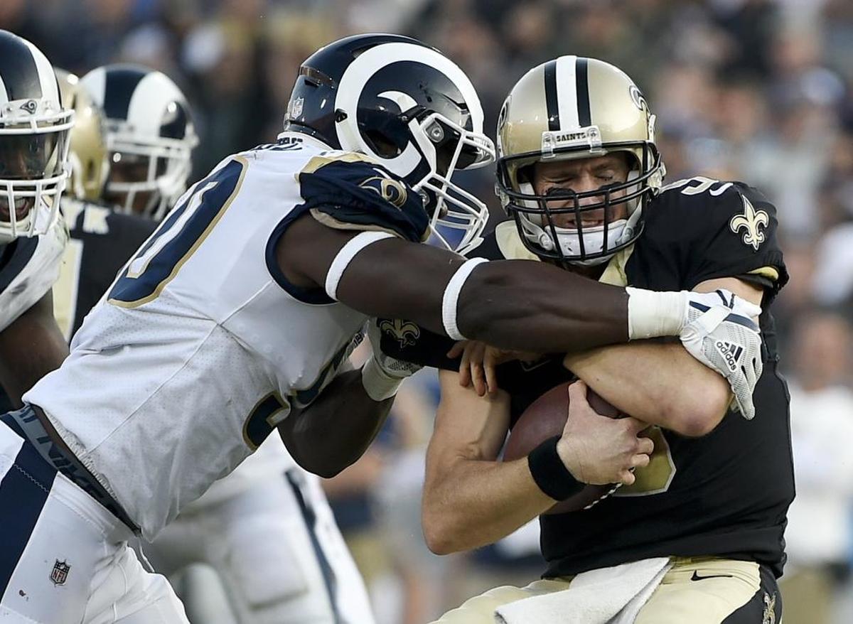 the Panthers have to get more pressure on New Orleans Saints quarterback Drew Brees (9), as the Rams did in a Week 12 victory last Sunday.
