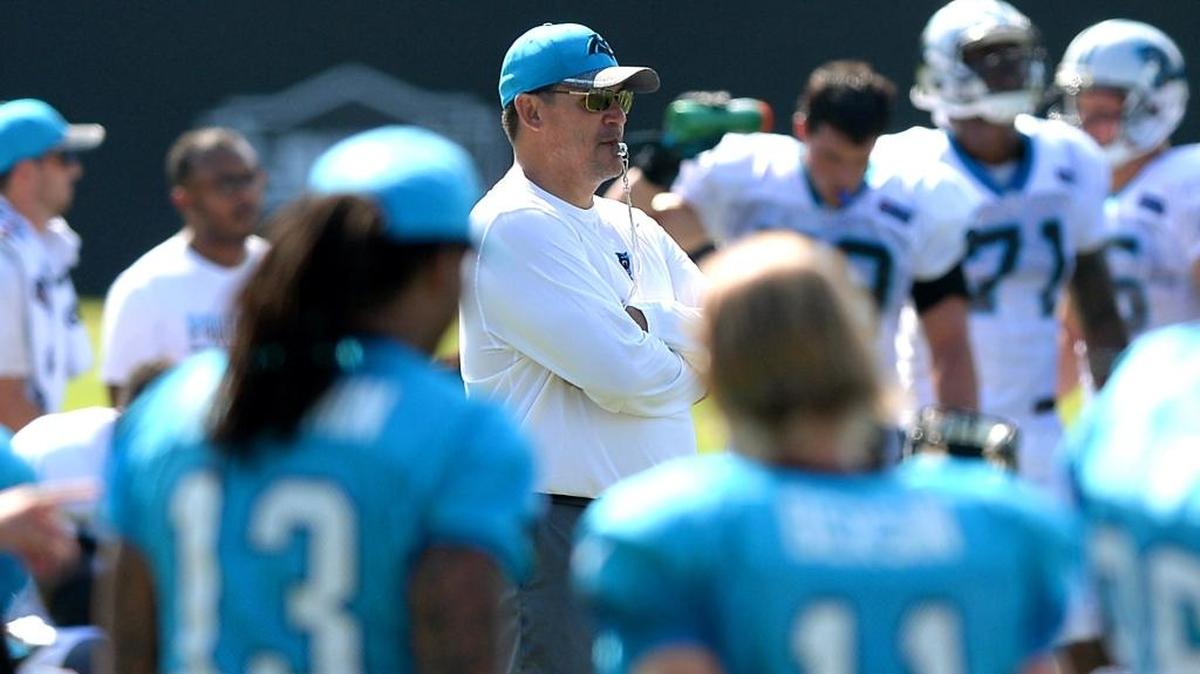 Carolina Panthers head coach Ron Rivera watches his players run through drills during practice on Sunday, July 31, 2016 at Wofford College in Spartanburg, S.C.