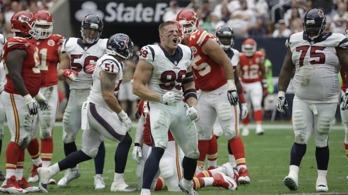 
Houston Texans defensive end J.J. Watt (99) celebrates after he sacked Kansas City Chiefs quarterback Alex Smith during the first half Sunday.
