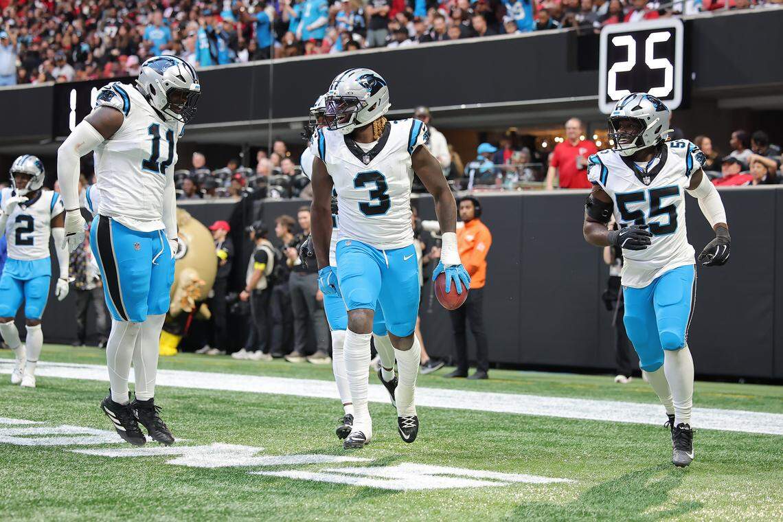 Princely Umanmielen (3) of the Carolina Panthers reacts after a fumble recovery during a Nov. 16, 2025 game against the Atlanta Falcons at Mercedes-Benz Stadium in Atlanta.