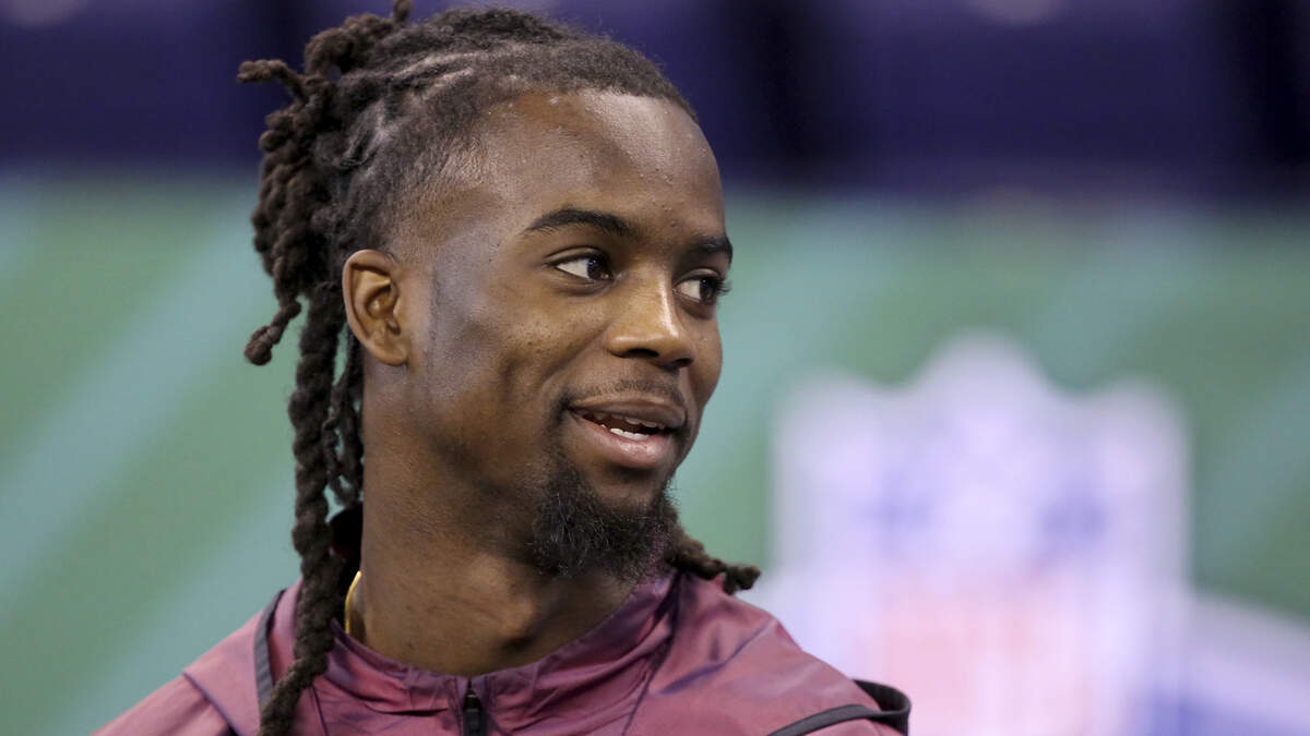 LSU defensive back Donte Jackson is seen at the 2018 NFL Scouting Combine on Monday, March 5, 2018, in Indianapolis. (AP Photo/Gregory Payan)