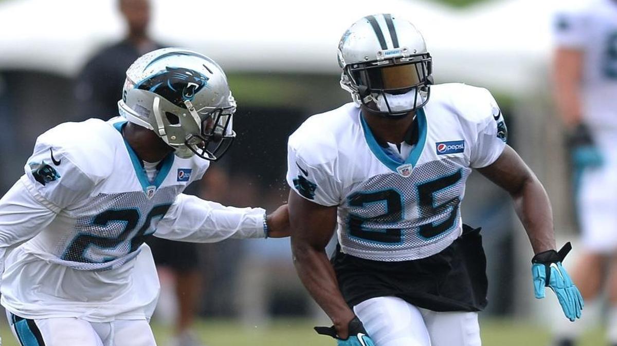 Carolina Panthers cornerback Daryl Worley, left, hand checks cornerback Bene Benwikere during a drill on Wednesday in Spartanburg.