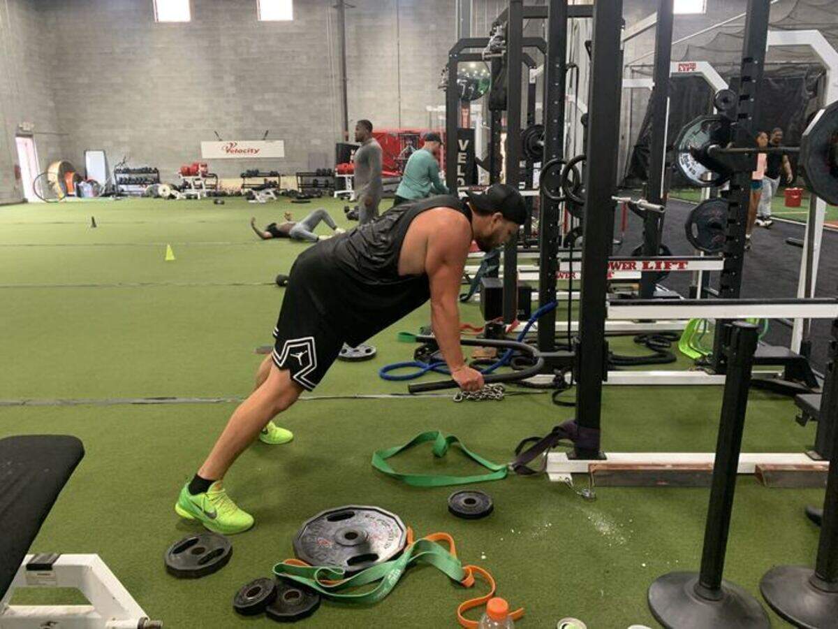 NFL free agent Brady Christensen, who spent his first five seasons with the Carolina Panthers, takes part in his daily rehab routine at Velocity Sports Performance in Pineville, N.C. on June 19, 2026.