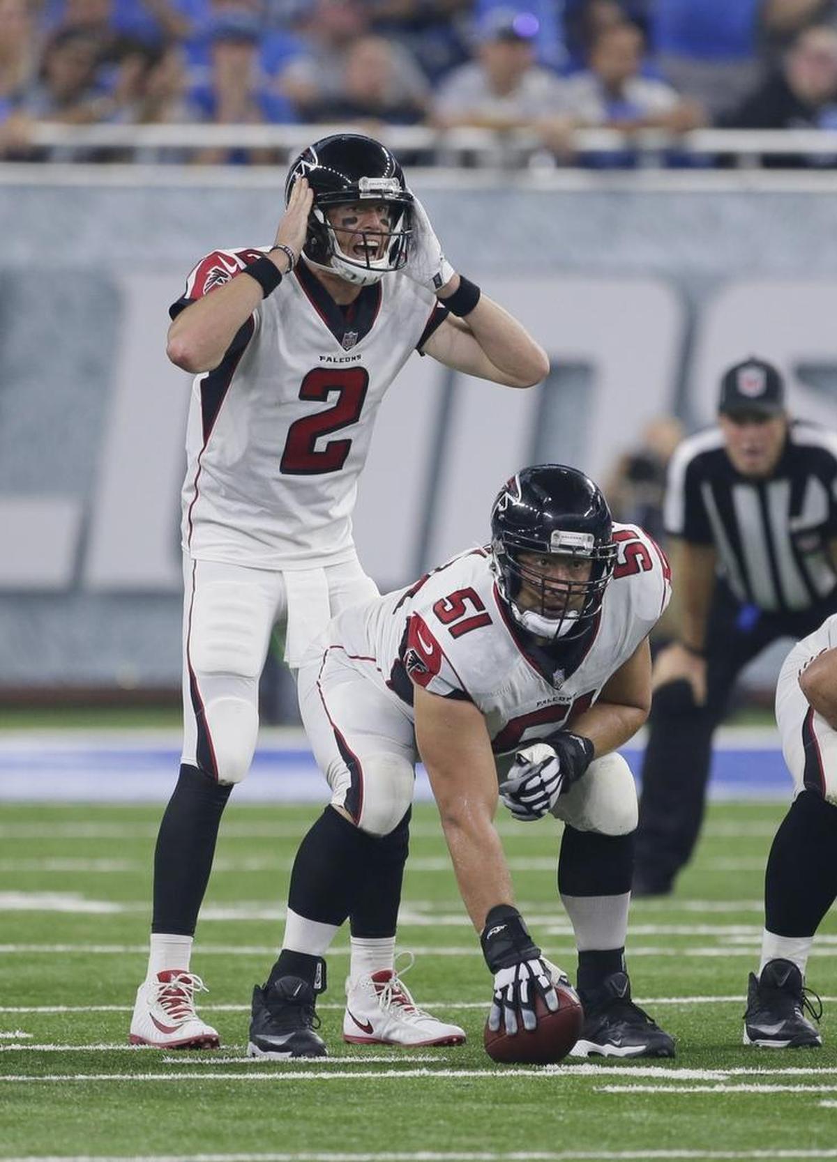 Atlanta Falcons center Alex Mack (51) has been key to an offensive line that has kept pressure off quarterback Matt Ryan.
