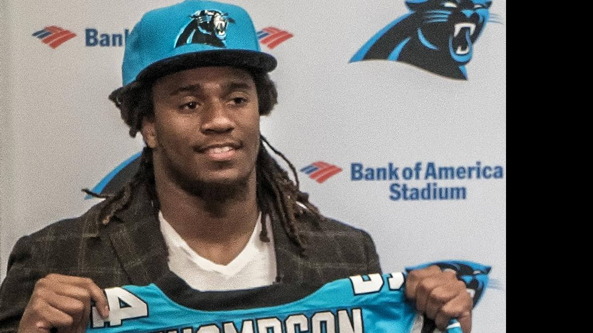 
Panthers first round draft pick Shaq Thompson meets the press on May 1, 2015 at Bank of America Stadium in Charlotte.
