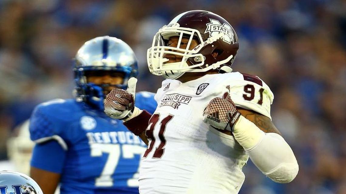 
Mississippi State’s Preston Smith (91) is one of a number of players who will be available in Thursday’s NFL draft who could fit the role of pass rusher in a 4-3 defense. 
