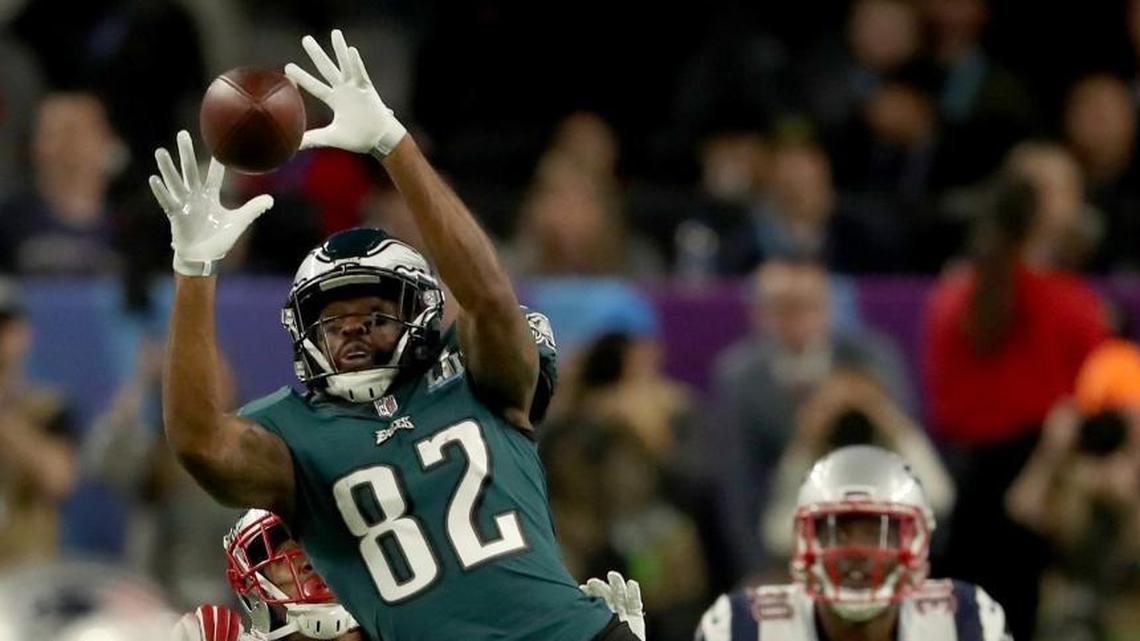 Philadelphia Eagles wide receiver Torrey Smith (82) stretches to make a catch during the team’s opening drive in Super Bowl LII. Smith’s trade to the Panthers for cornerback Daryl Worley was made official on Wednesday.
