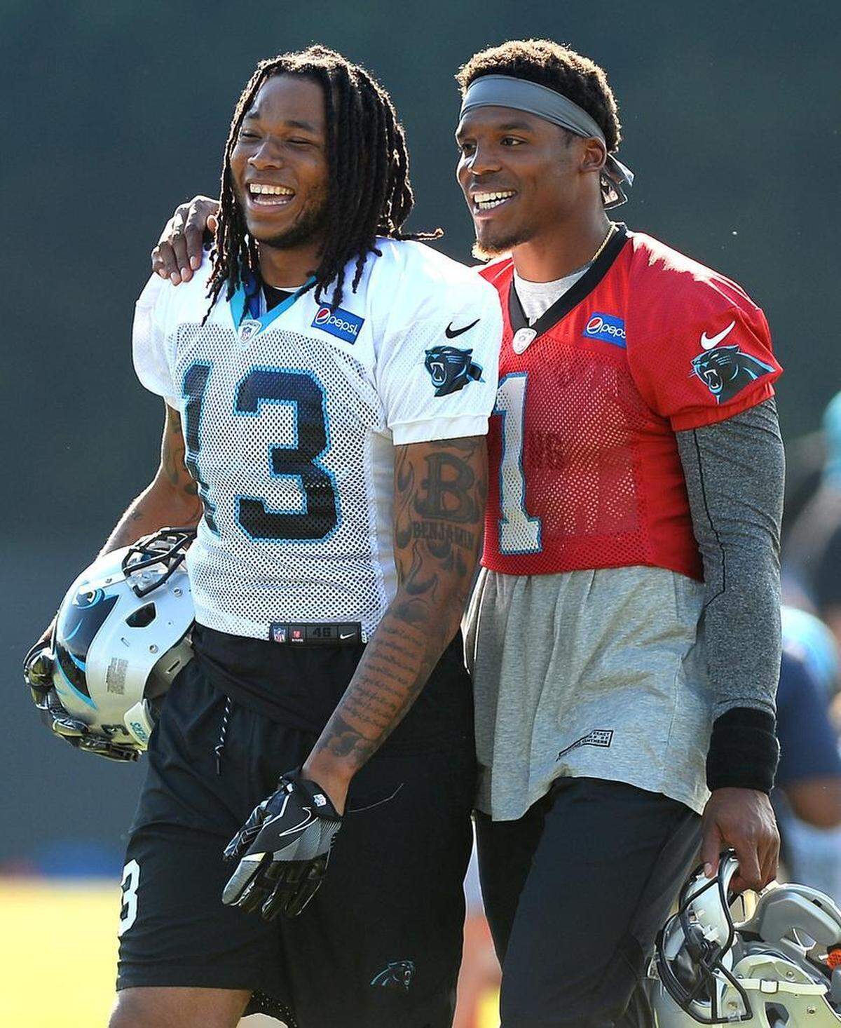 Buffalo Bills receiver Kelvin Benjamin (left) took a not-so-subtle jab at his former Carolina Panthers teammate, quarterback Cam Newton, in an interview this week. The Bills and Panthers play Thursday night in a preseason game at Buffalo.