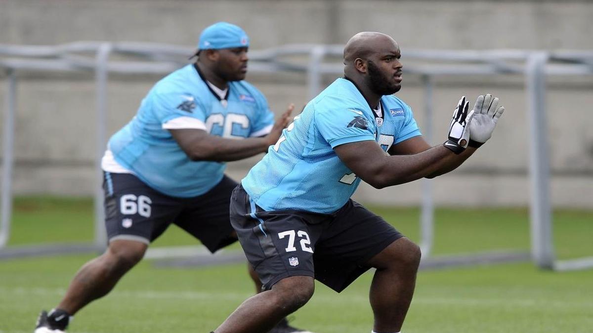 Carolina Panthers offensive tackle Taylor Moton (72) will have to play both left and right tackle in the NFL.