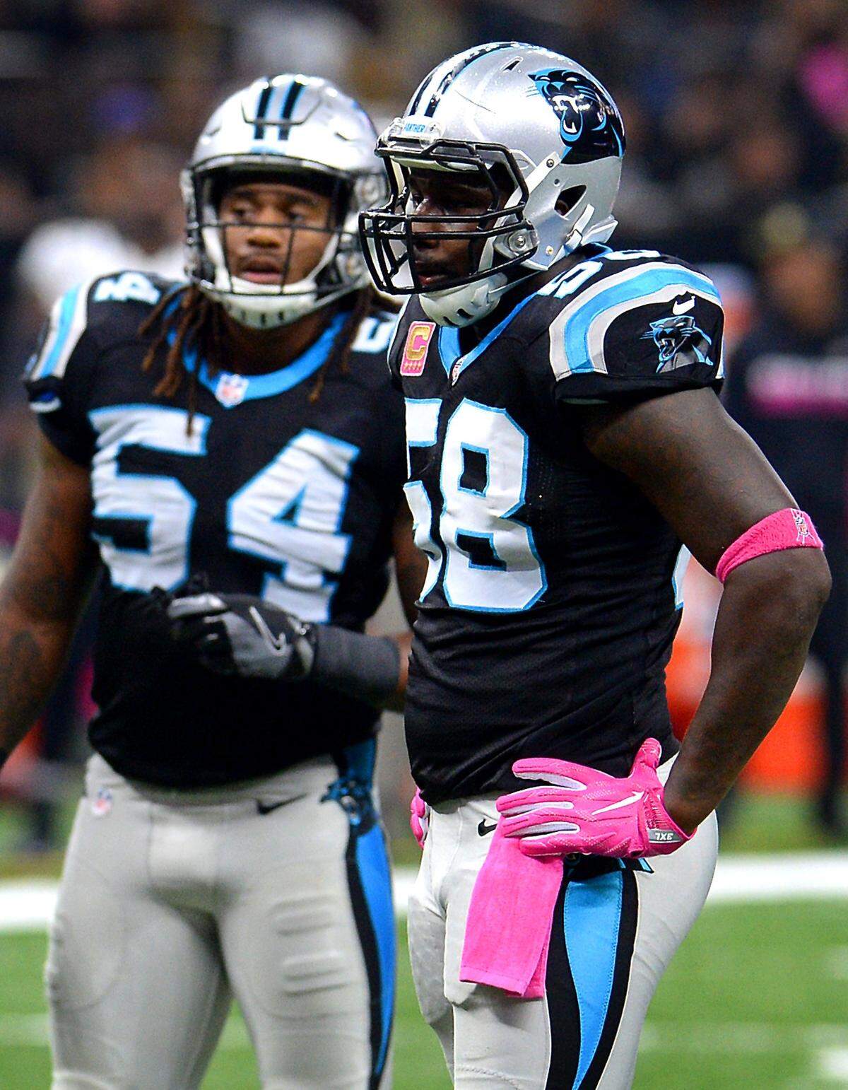 Carolina Panthers linebackers Shaq Thompson, left and  Thomas Davis, right, prepare to line up against the New Orleans Saints at the Mercedes-Benz Superdome in New Orleans on Sunday, October 16, 2016.