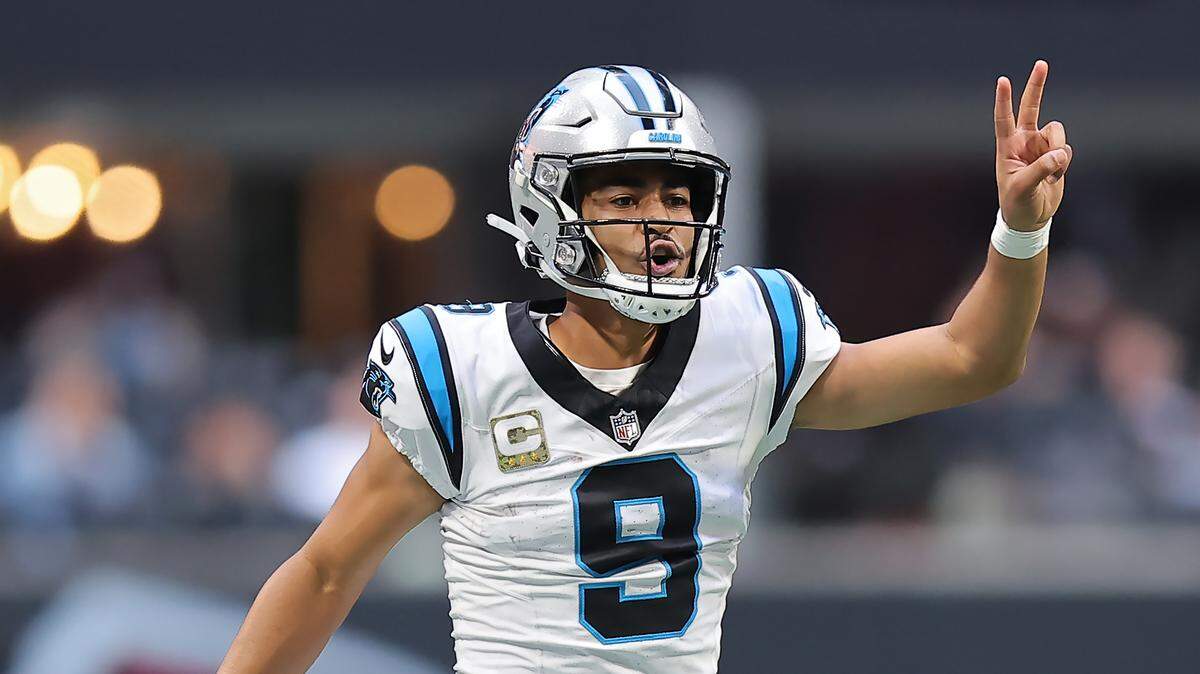 ATLANTA, GEORGIA - NOVEMBER 16: Bryce Young #9 of the Carolina Panthers calls for a two point conversion during the third quarter against the Atlanta Falcons at Mercedes-Benz Stadium on November 16, 2025 in Atlanta, Georgia. (Photo by Jonathan Bachman/Getty Images)