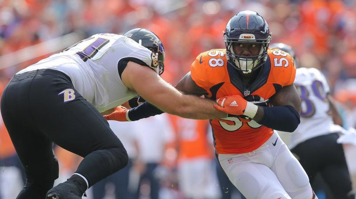 Denver linebacker Von Miller, shown last September against Baltimore, was a terror against the Panthers in the Super Bowl. Carolina will see him again in the season opener Sept. 8, when the Broncos will raise their championship banner.