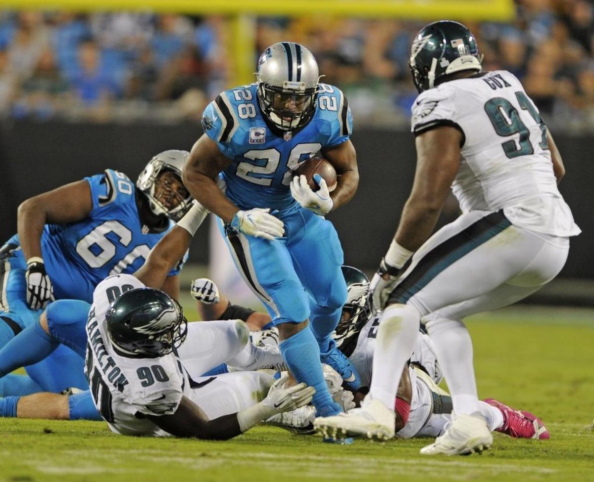 Carolina Panthers' Jonathan Stewart (28) had minus-4 yards rushing Thursday night on eight carries, with a long rush of three yards.