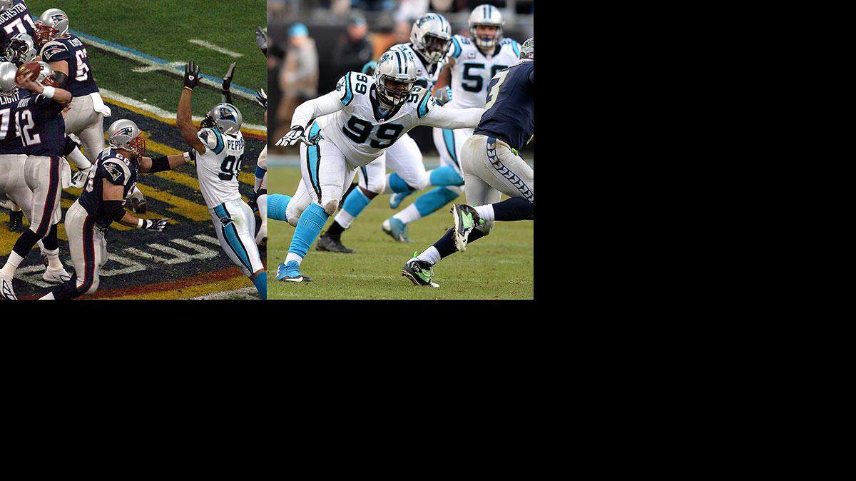 (Left) Panthers' Julius Peppers attempts to block a pass by Patriots' Tom Brady; (right) defensive tackle Kawann Short, left chases Seattle Seahawks quarterback Russell Wilson.