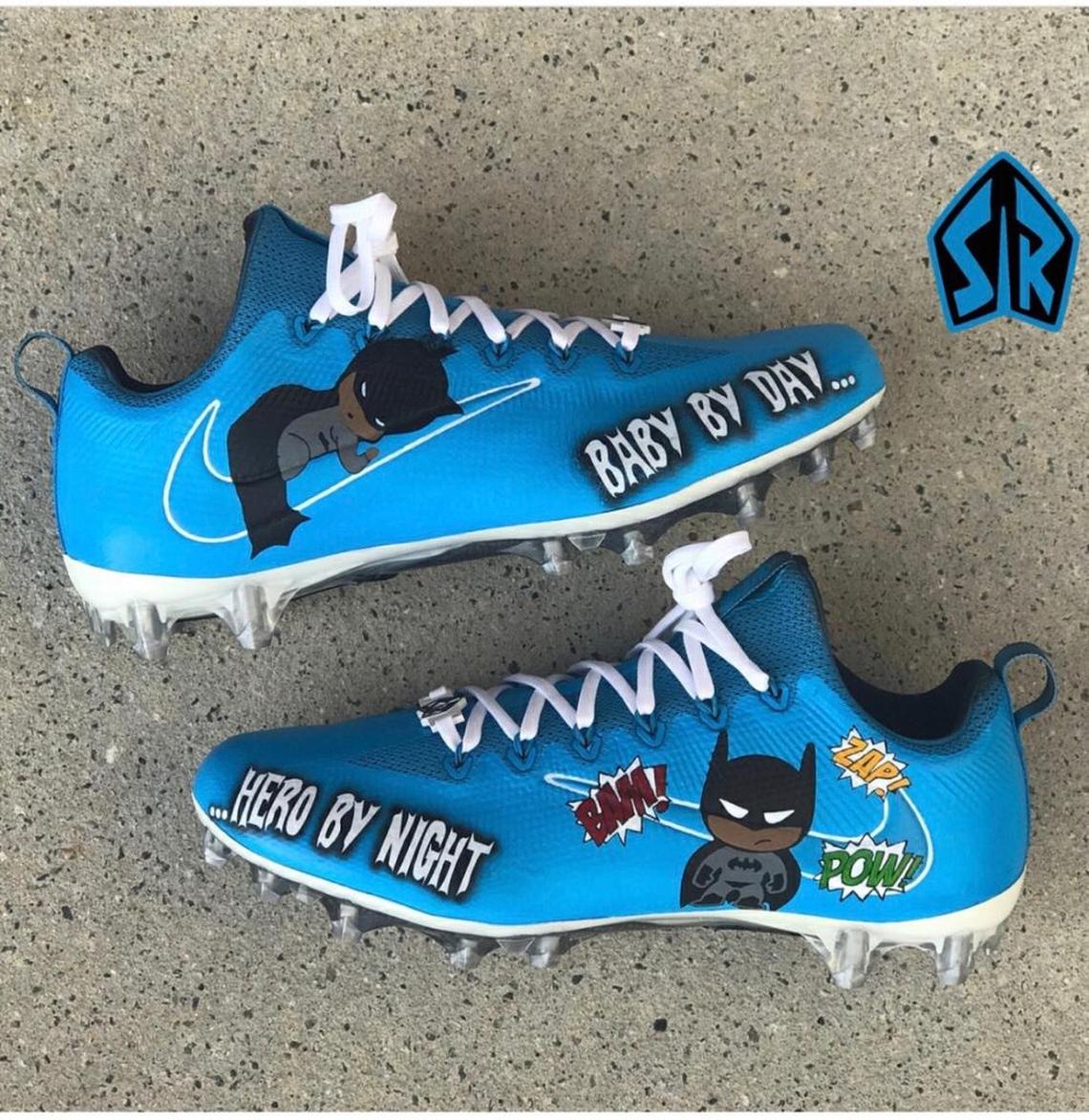 Carolina Panthers cornerback Daryl Worley had these cleats, which feature his favorite figure, Batman, designed after his son was born in July.