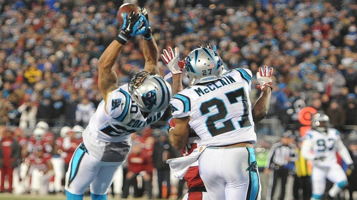 Kurt Coleman pulls in an interception in the end zone in the second quarter at Bank of America Stadium in Charlotte, NC on Sunday, January 24, 2016. The Panthers hosted the Arizona Cardinals in the NFC Championship game.