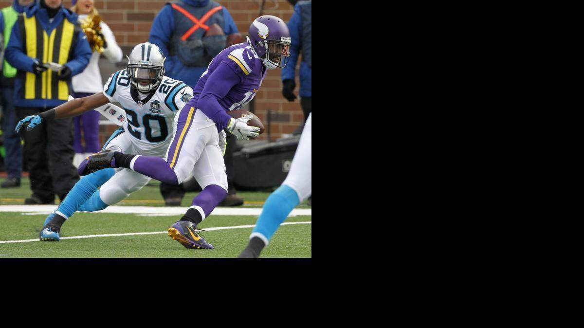 
Minnesota Vikings wide receiver Greg Jennings, right, runs from Carolina Panthers cornerback Antoine Cason (20) during a 17-yard touchdown reception in the first half on Nov. 30, 2014, in Minneapolis. Jennings is a free agent.
