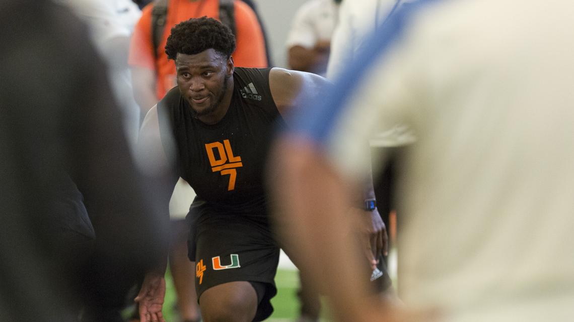 University of Miami Hurricane's defensive tackle Kendrick Norton (7) runs drills during Miami's Pro Day at the Dolphins' practice facility in Davie on Wednesday, March 28, 2018.