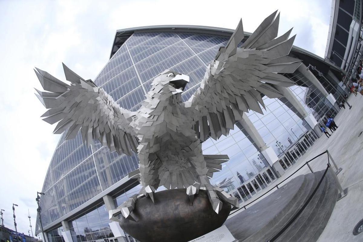 A Falcon statue outside the new Mercedes-Benz Stadium in Atlanta.