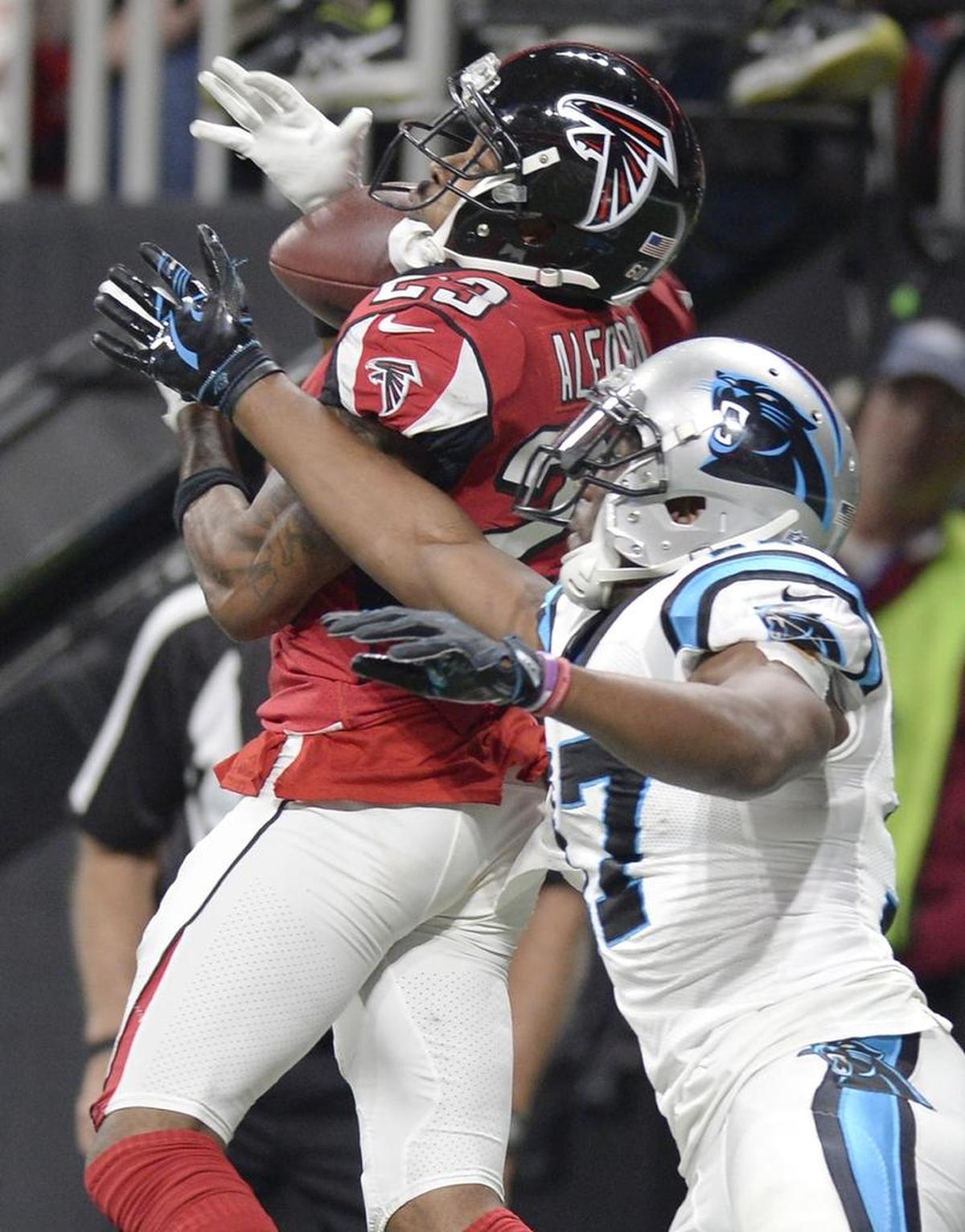 Panthers wide receiver Devin Funchess, right, is one of several Carolina players who complained about non-calls in Sunday’s loss to Atlanta. Panthers coach Ron Rivera says the team needs better focus vs. the Saints in the playoffs.