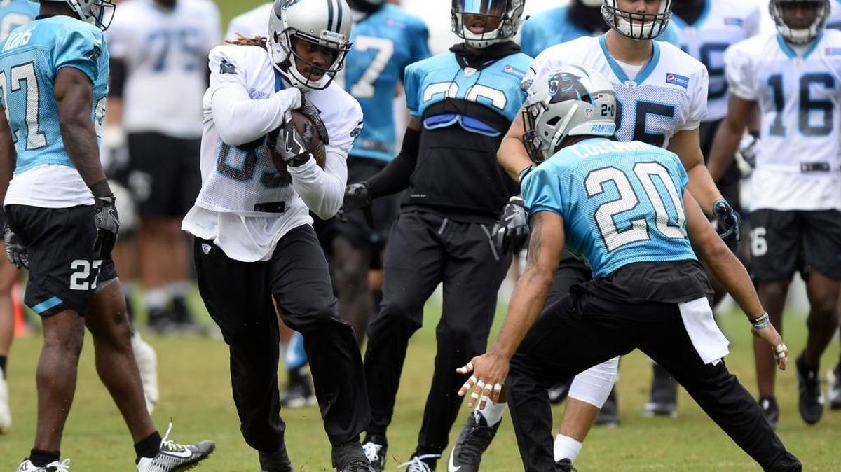 Carolina Panthers wide receiver Kaelin Clay (83) looks to head upfield past strong safety Kurt Coleman (20) during training camp at Wofford College in Spartanburg, SC on Tuesday, August 8, 2017.