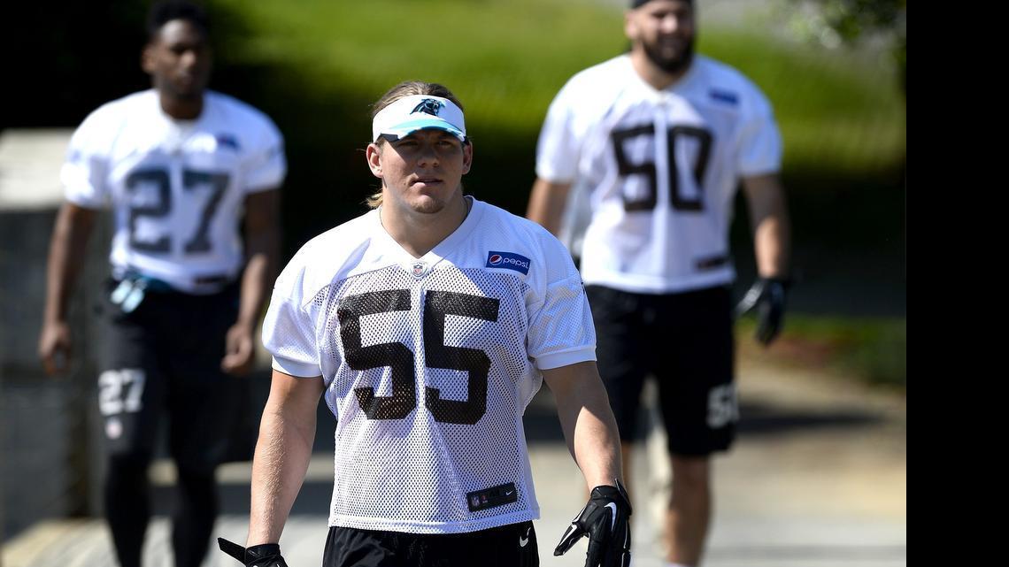 
Carolina Panthers rookie linebacker David Mayo, center, arrives for the team's rookie minicamp on Friday, May 8, 2015.
