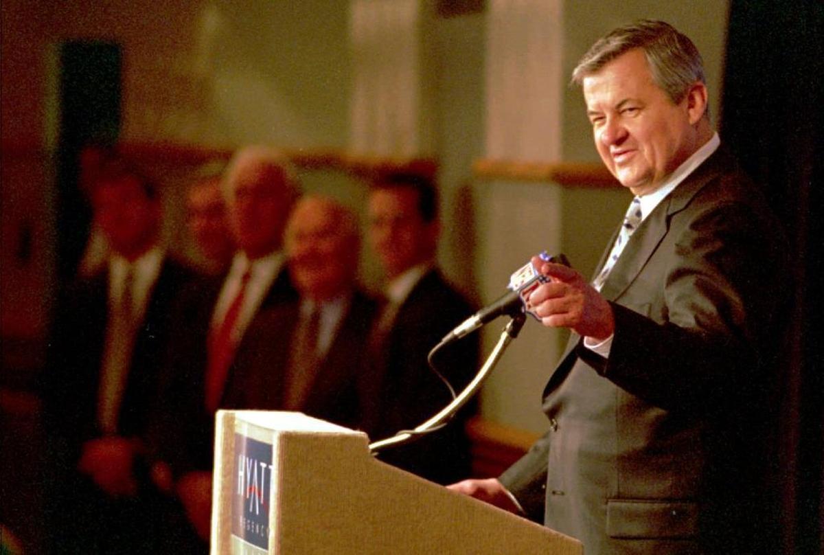 Jerry Richardson talks to the press after his presentation to owners earlier in Chicago in 1993. Since winning the franchise, Richardson has worked incessantly to promote a wholesome image for his team.