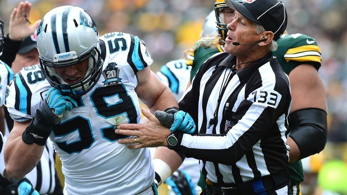 Carolina Panthers linebacker Luke Kuechly (59) was ejected from the 2014 game at Green Bay for inadvertently swining at back judge Steve Freeman (133) after a play during the third quarter. Thursday, he didn’t want to discuss it.