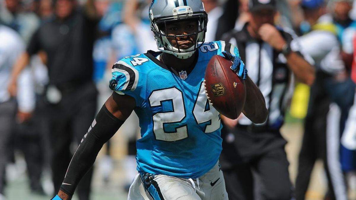 
Carolina Panthers cornerback Josh Norman runs into the end zone after intercepting a pass by Jacksonville Jaguars quarterback Blake Bortles during third quarter action at EverBank Field in Jacksonville, Fla., on Sunday. The Panthers defeated the Jaguars 20-9.
