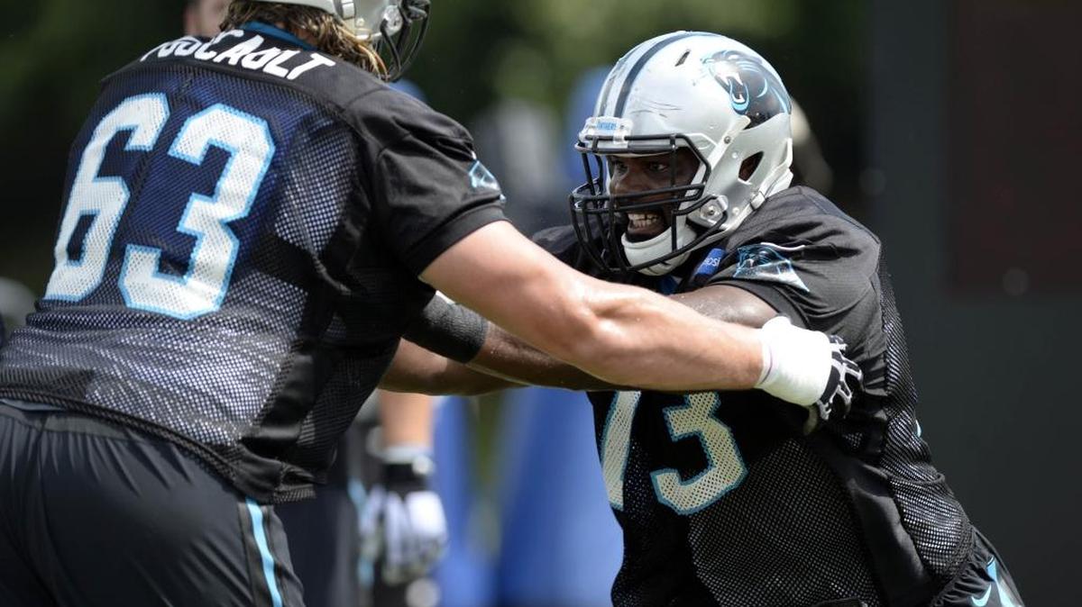 Carolina Panthers tackle Michael Oher (73) works agasint Carolina Panthers offensive tackle David Foucault (63) during practice at Training Camp at Wofford College on Sunday, August 7, 2016.