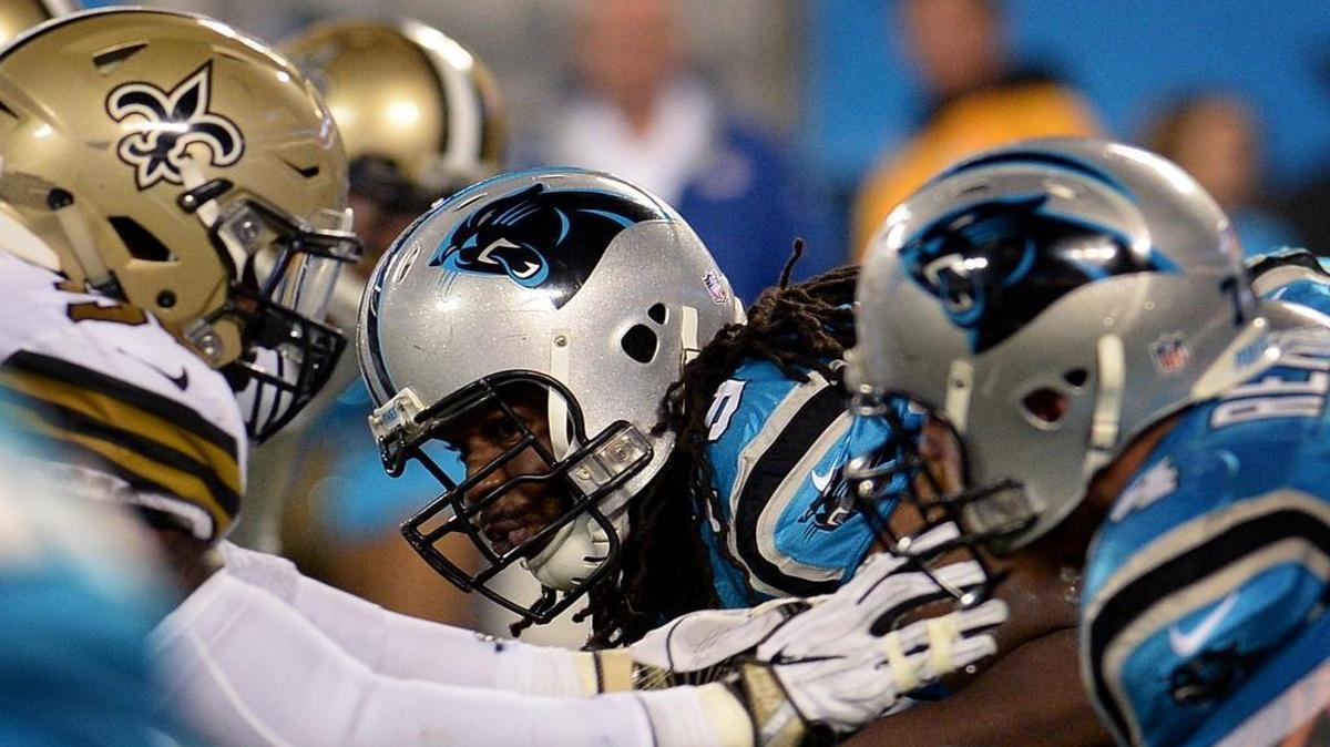 With Ryan Kalil and backup center Gino Gradkowski (shoulder) both out, the Panthers were forced to turn to No. 3 center Chris Scott, above. It was another tough game for the line.