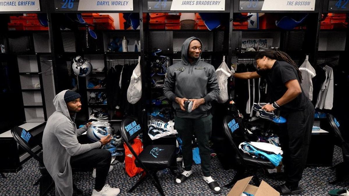Carolina Panthers cornerbacks Daryl Worley (left) and James Bradberry (center) are destined to be linked as closely as their side-by-side lockers after being drafted in consecutive rounds in 2016.