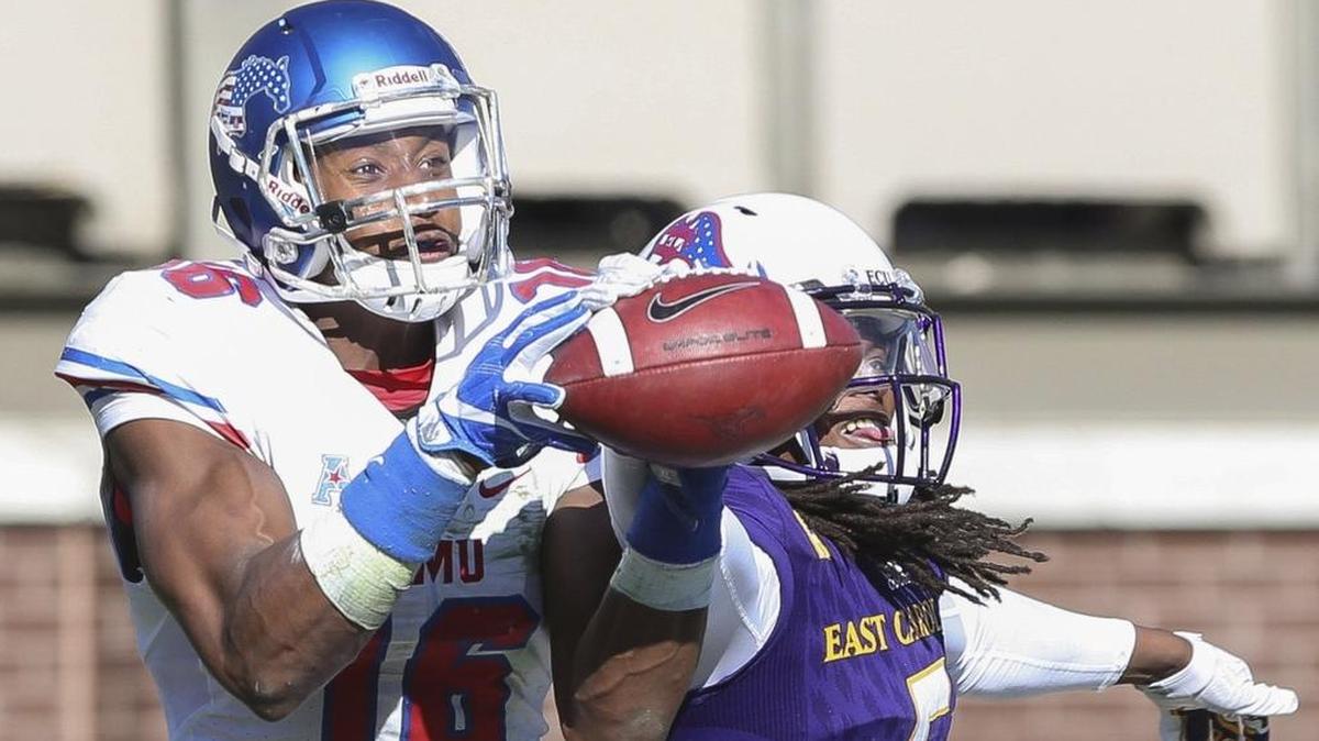 Is SMU’s Courtland Sutton (15) the kind of big-bodied receiver that would pair well with Panthers quarterback Cam Newton, or just a repeat of Kelvin Benjamin?