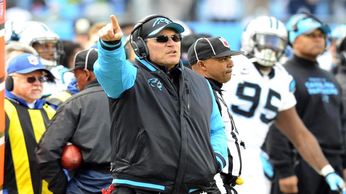 Carolina Panthers head coach Ron Rivera talks to his players while playing agains the Seattle Seahawks during their NFC Divisional game at Bank of America Stadium on Sunday, January 17, 2016. The Panthers won 31-24, and will play in the Arizona Cardinals in the NFC Championship next week.