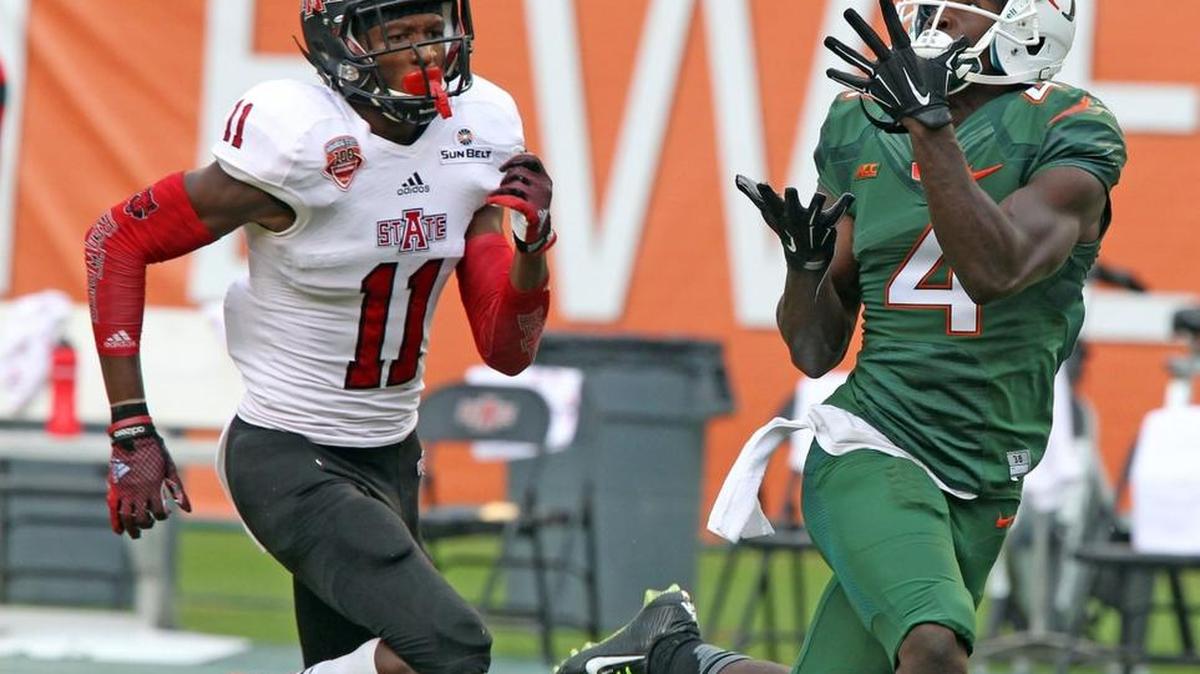 
Miami's Philip Dorsett catches a 64-yard touchdown against Arkansas State. He’ll be one of a premier group of rookie wide receivers.
