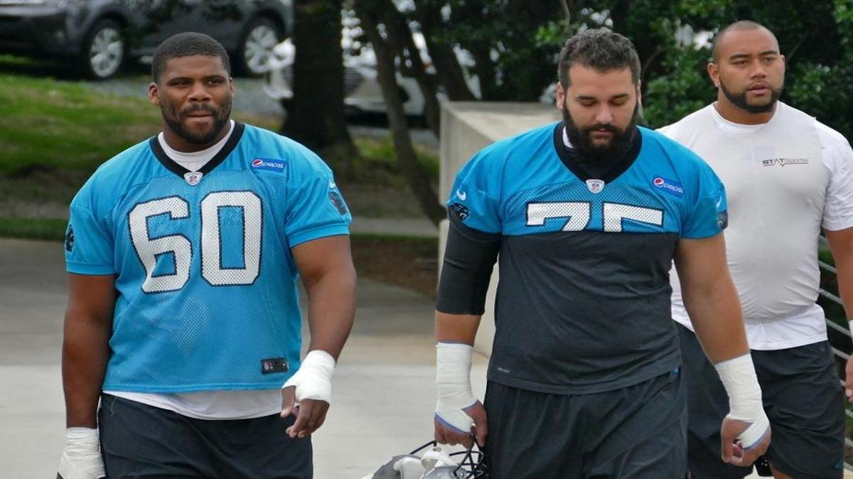 Tackles Daryl Williams (left) and Matt Kalil (middle) are part of a Carolina Panthers’ offensive line that Pro Football Focus ranks as the league’s 12th-best.