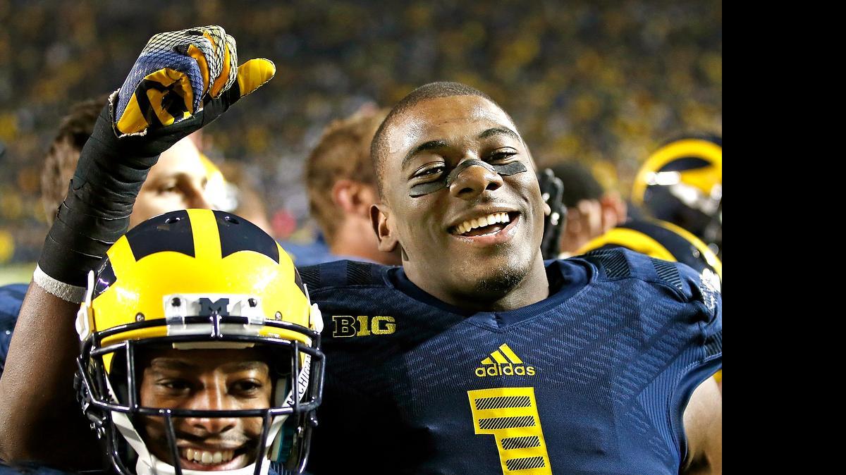 
Michigan’s Devin Funchess (1) celebrates an 18-13 win over Penn State, Oct.  11, 2014 at Michigan Stadium in Ann Arbor, Mich.
