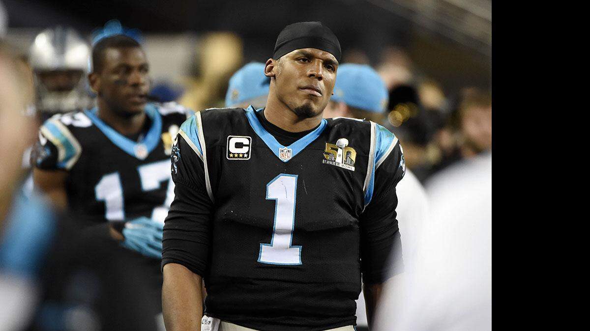 Carolina Panthers quarterback Cam Newton (1) looks pained as he walks the sideline as the Denver Broncos run the clock down in the fourth quarter of Super Bowl 50. The Denver Broncos won, 24-10, at Levi's Stadium in Santa Clara, CA on Sunday, February 7, 2016. David T. Foster III
