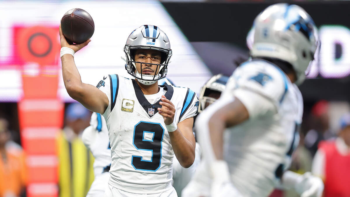 Bryce Young, quarterback of the Carolina Panthers, throws a pass during the third quarter against the Atlanta Falcons at Mercedes-Benz Stadium on November 16, 2025 in Atlanta, Georgia.