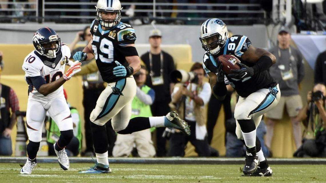 Carolina Panthers defensive end Kony Ealy (94) became the first player in Super Bowl history to record multiple sacks (three) and an interception. That performance came in just 23 snaps.