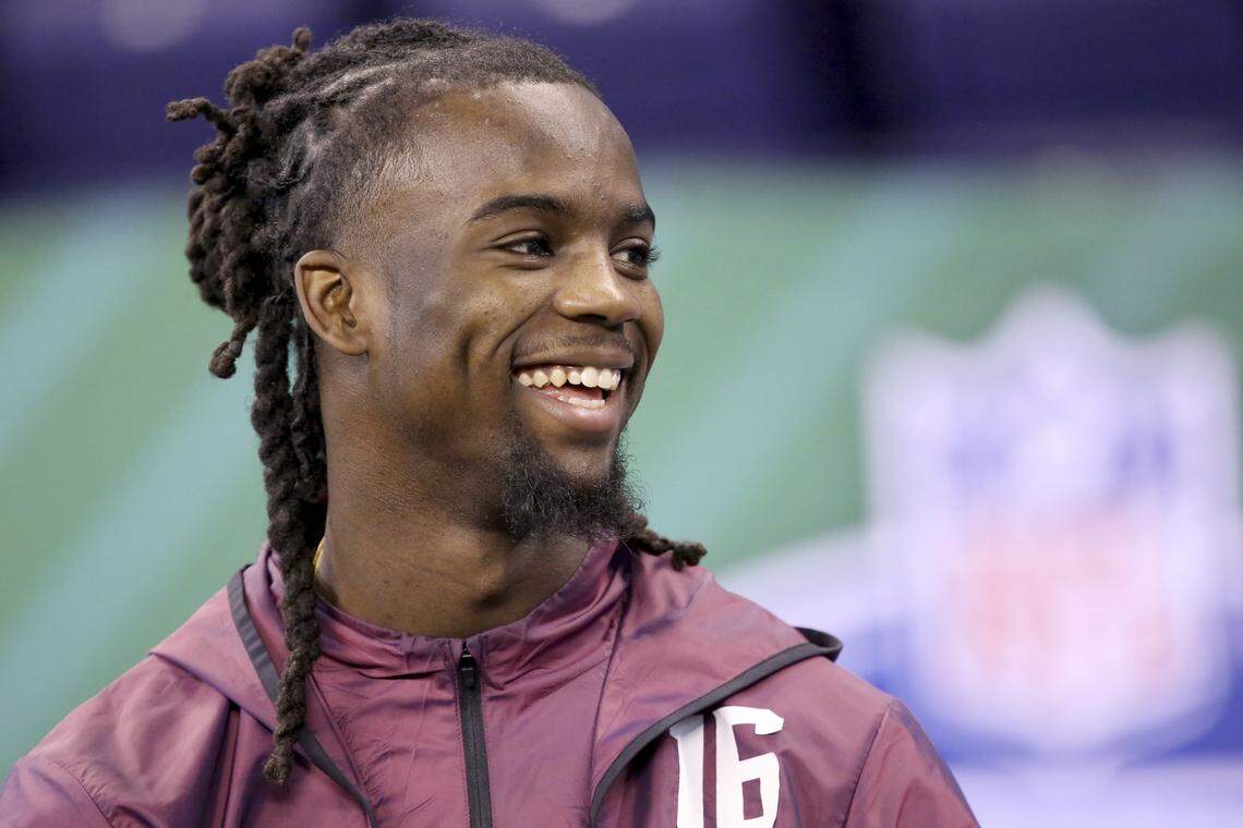LSU defensive back Donte Jackson is seen at the 2018 NFL Scouting Combine on Monday, March 5, 2018, in Indianapolis. (AP Photo/Gregory Payan)