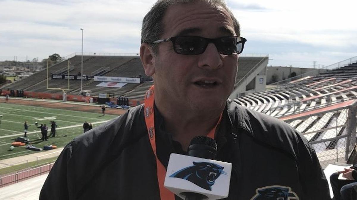 Carolina Panthers general manager Dave Gettleman addresses reporters at the 2017 Senior Bowl.