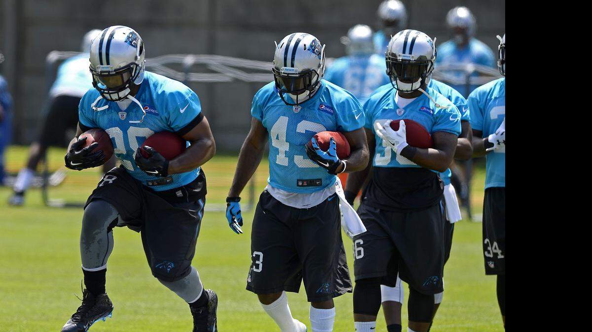 
Carolina Panthers running back Jonathan Stewart, left, leaps over pads while carrying two footballs during the team’s OTA practice on Thursday in Charlotte.
